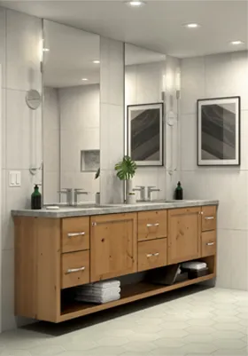 A modern bathroom with a sink, mirror, and two sinks.