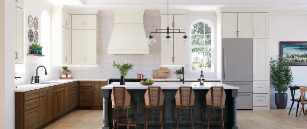 Yorktowne brand kitchen featuring white cabinets and wood floors.